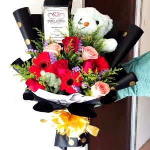 (A18) Mixed Flowers And Teddy Bear Bouquet